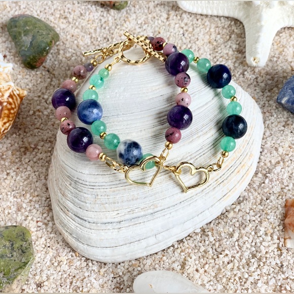 Genuine 14k Gold Plated Heart & Gemstone Bracelet - Keep Your Heart Centered - Picture 1 of 9